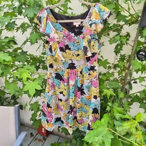 ECI New York 100% Silk Floral Dress Ruffle Floral Sleeve V-Neck Sz 4